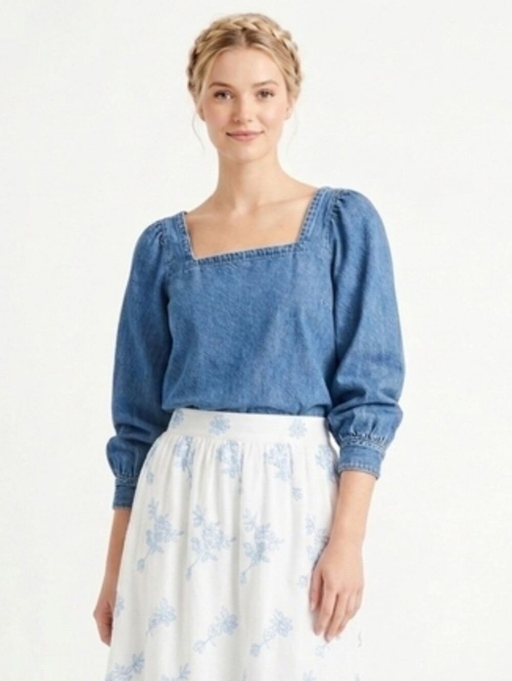 J. Crew Re-Imagined Cotton-Linen Square Neck Puff Sleeve Denim Top - XS - NWT